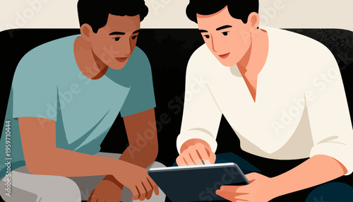 Two young men sit closely, focused on a tablet together. One wears a blue shirt, the other, white. They lean forward, sharing interest in screen content. Their expressions show curiosity