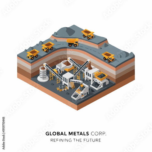 Isometric illustration of a modern mining and refining operation, showcasing heavy machinery, extraction processes, and material transport.