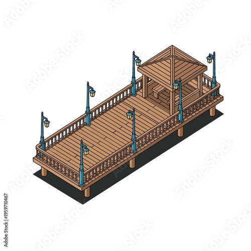 Isometric Pier with Gazebo and Streetlights Illustration.
