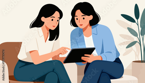 Two women sit close, sharing a tablet. One points, the other watches with interest. Their smiles show shared focus and collaboration. They might discuss plans, ideas, or projects