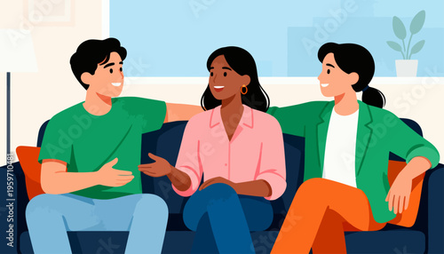 Three friends chat warmly on a cozy couch. One gestures, smiling as others listen. Comfortable, cheerful, and relaxed. Ideal for social gatherings or friendly conversations