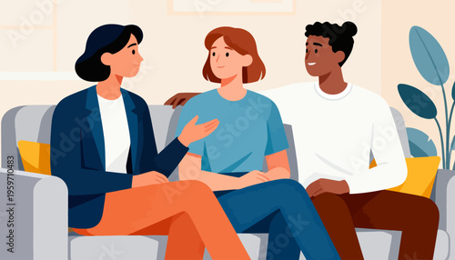 Three friends chat comfortably on a couch. They smile and gesture, showing warmth and connection. The scene feels relaxed, cozy, and friendly. Perfect for family, teamwork, or social support themes