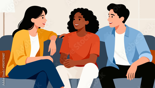 Three friends chat warmly on a couch. Their smiles radiate comfort and joy. Each person leans slightly, showing closeness. The scene suggests relaxed, friendly conversation. Perfect for social, family