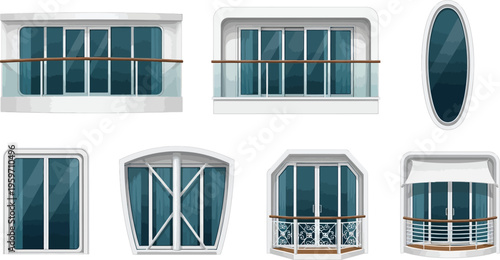Collection of modern ship windows and balconies featuring diverse shapes and glass railings ideal for architectural design elements