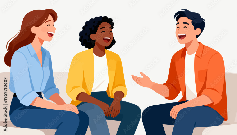 Fototapeta premium Three people laugh together, seated closely. Their smiles and gestures show warm, joyful connection. They engage in lively, friendly conversation. Ideal for scenes of teamwork, community