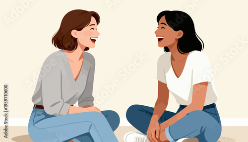 Two women laugh together, seated on a floor. Their smiles show joy, warmth, and shared happiness. Simple lines and soft colors give a calm, friendly feel. Perfect for friendship, support