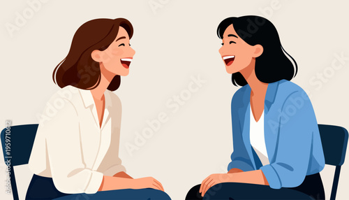 Two women laugh joyfully, seated across from each other. Their smiles radiate warmth and connection. Chairs and plain background keep focus on their interaction. Ideal for themes of friendship