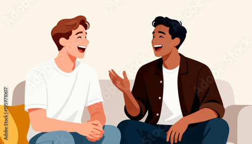 Two friends laugh together on a cozy couch. Their joy shines through open smiles and relaxed gestures. The scene feels warm, casual, and deeply connected. Perfect for illustrating friendship