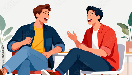 Two friends laugh together, sharing joyful moments. They sit relaxed, dressed casually, engaged in lively conversation. Their expressions radiate happiness, with wide smiles and relaxed postures
