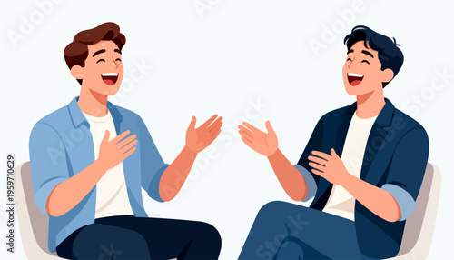 Two friends laugh, hands open, joyful expressions. They sit facing each other, animated and cheerful. This photo suits social, team, or friendship themes. Bright colors and simple lines create a warm