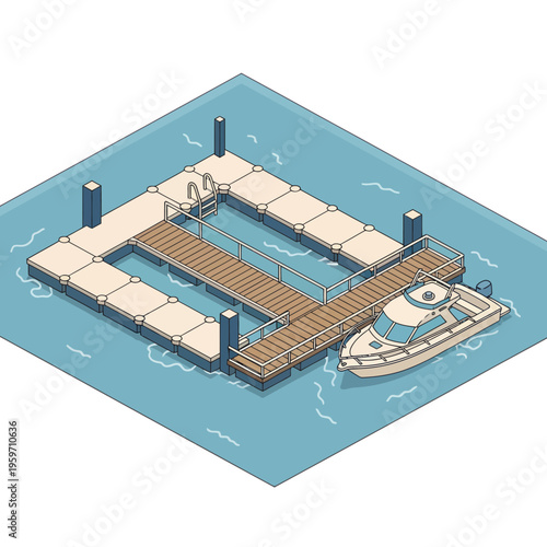 Isometric Illustration of a Boat Docked at a Pier.