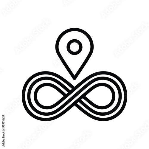 Minimalist black line icon combining an infinity symbol with a location pin representing endless travel, continuous navigation, and permanent destination concepts for web and app design.