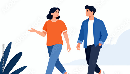 Two people walk side by side, smiling at each other. They gesture gently, showing friendly connection. Soft background features minimal foliage. Ideal for team collaboration or casual conversations