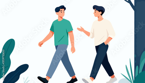 Two men stroll side by side through a gentle park. They converse with ease, one gesturing warmly. Soft greens and muted tones frame their walk. Friendly, relaxed. Ideal for lifestyle, friendship