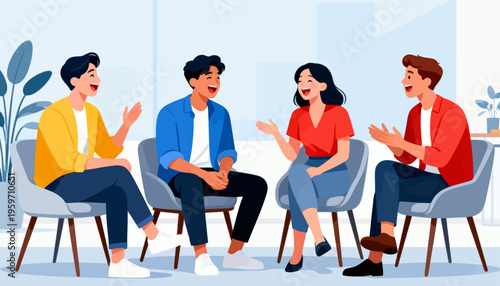 Four friends laugh together in a bright, modern living room. They sit comfortably in grey chairs, gesturing happily. Warm tones suggest joyful connection and relaxed conversation