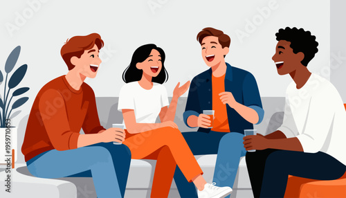 Four friends laugh, enjoying drinks together. They sit comfortably, sharing joyful moments. Casual clothes, bright colors, and friendly expressions. Perfect for social media, lifestyle