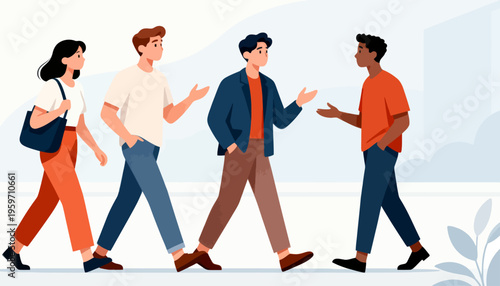 Four people walk side by side, chatting and gesturing. Their expressions suggest friendly, engaged conversation. Casual attire and relaxed postures imply informal settings