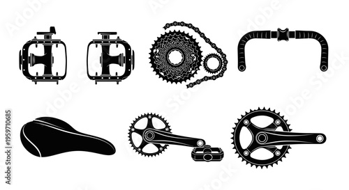 Bicycle parts illustration set including chainrings pedals and seat