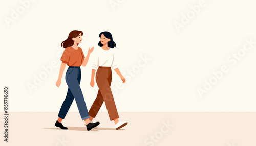 Two women walk side by side, chatting warmly. One gestures with her hand, smiling at her friend. Their casual clothes suggest a relaxed, everyday outing. Soft pastel tones create a gentle