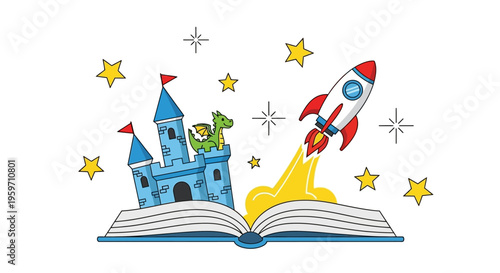 Open Book with Fantasy Castle and Rocket Ship Illustration