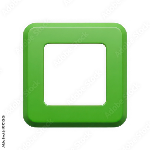 A vibrant green square button with a circular cutout in the center resembling a play button