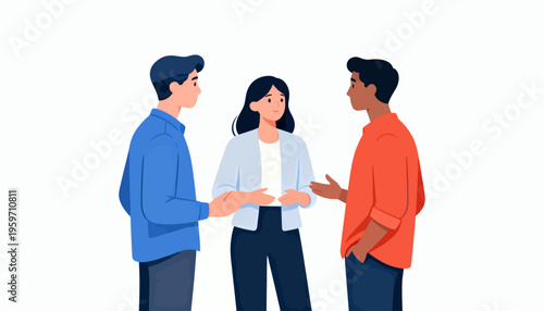 Three people stand facing each other, gesturing actively. They appear engaged, suggesting conversation or debate. Colors are soft, making the image feel friendly and approachable