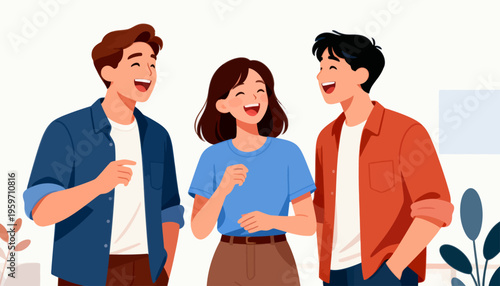 Three friends laugh together in a bright, cheerful scene. They gesture warmly, sharing joyful moments. Soft colors frame their happy expressions. Ideal for social, friendship, or team-building themes