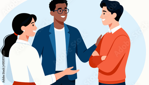 Three friends engage in lively conversation. One gestures warmly, another listens with a smile. The third stands relaxed, arms folded. Their expressions show connection and joy