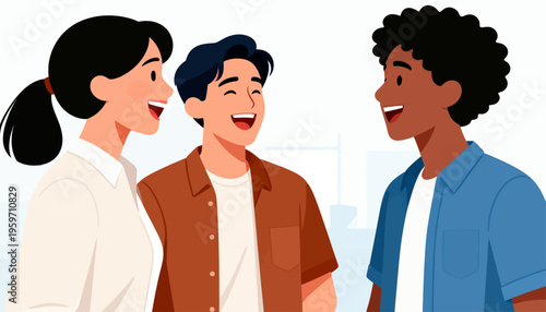 Three friends laugh together, smiling brightly. Their joy radiates warmth and connection. Perfect for social, friendship, or team-building themes. Simple, cheerful photo style appeals to many buyers