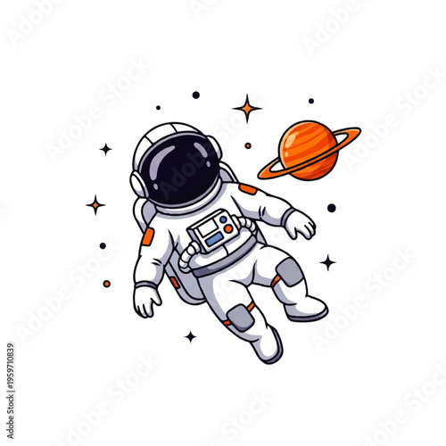 Vector flat design illustration of an astronaut floating in space with a planet and stars on a white background.