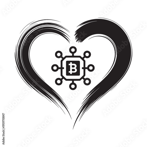 A black brushstroke heart shape encloses a bitcoin symbol connected to a network of circles high quality