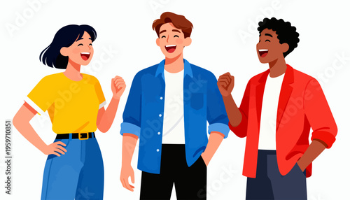 Three friends laugh, gesture, and smile together. Their joy radiates through bright, casual outfits. Perfect for team bonding, social events, or friendship themes