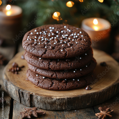 White chocolate drizzled over chocolate cookies with sprinkles.