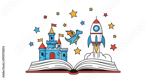 Open book with fantasy castle dragon and rocket ship