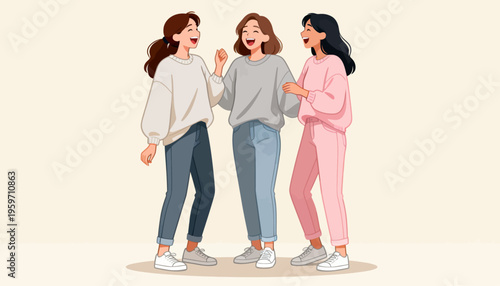 Three women laugh, gesturing joyfully. Their smiles radiate warmth and connection. Casual outfits hint at comfort and friendship. Ideal for social, lifestyle, or team-building visuals