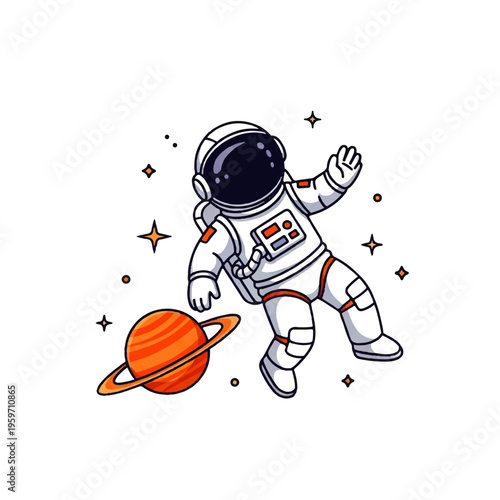 Vector flat design illustration of an astronaut in a white spacesuit floating near a red planet with stars on a white background.