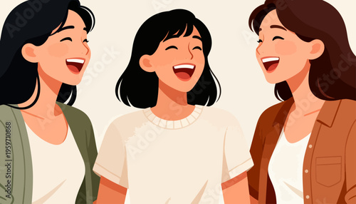 Three women laugh joyfully, sharing a warm, carefree moment. Their smiles radiate happiness and friendship. Casual outfits hint at relaxed, everyday settings