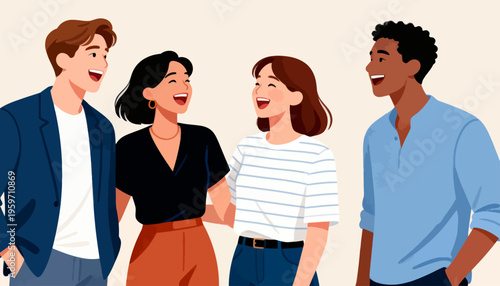 Four friends laugh together, smiling warmly. Their joy radiates in a light, cheerful moment. Perfect for social gatherings or friendship themes. Casual, vibrant, and inviting - universally relatable