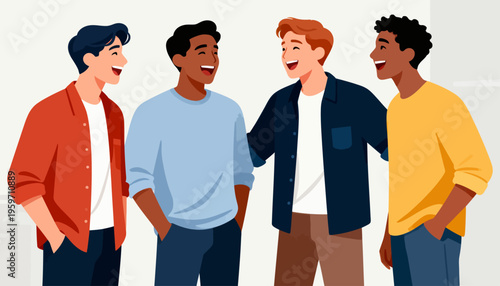 Four friends laugh together, smiling broadly. They stand close, hands in pockets, relaxed and joyful. Vibrant colors and simple lines make the scene feel warm. Perfect for social media, team-building