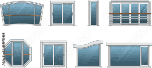 Collection of modern window and balcony designs featuring diverse shapes and white frames with blue glass perfect for architectural projects and home decor concepts