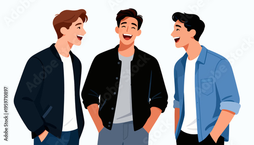 Three men laugh together, sharing joyful moments. Casual outfits suggest friendship and comfort. Their smiles radiate warmth and camaraderie. Perfect for social, team, or celebration themes