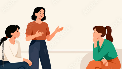 Three women in a casual meeting setting. Center figure speaks with open hands, showing engagement. Left woman listens attentively, leaning slightly forward. Right woman rests chin on hand