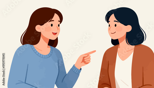 Two women chat warmly, one pointing gently. Smiles shine, showing friendly connection. Soft colors suit casual, personal, or team-related themes. Ideal for communication, collaboration