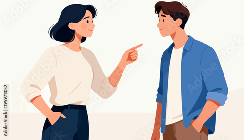 Woman points at man with a serious expression. Man looks back, appearing surprised or defensive. Soft pastel background highlights their interaction. Illustration style suits business, education