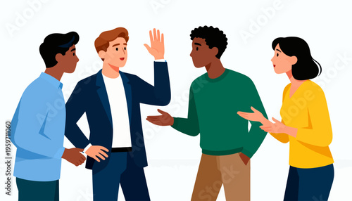 Five diverse individuals engage in animated conversation. One person waves, suggesting enthusiasm or greeting. Others gesture, indicating active participation. Their expressions show focus