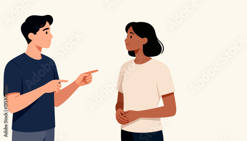 Man points at woman, signaling disagreement. Woman listens, posture shows calm acceptance. Illustration style is soft, modern, minimal. Ideal for topics like conflict, communication, or feedback