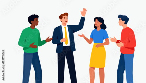 Four people engage in lively conversation. One man gestures excitedly, suggesting enthusiasm. Woman smiles warmly, showing agreement or interest. Another man listens attentively, nodding slightly