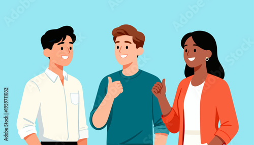Three friends smile, thumbs up, showing positivity and team spirit. Light blue background gives cheerful, clean, modern feel. Perfect for workplace, collaboration, or team success concepts