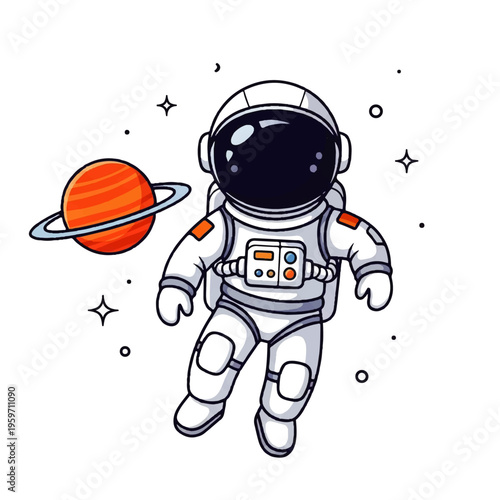 Vector flat design illustration of an astronaut floating in space with a planet and stars on a white background.