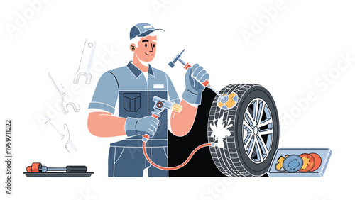 Mechanic at Work: A skilled mechanic meticulously repairs a tire, showcasing precision and expertise in the automotive repair field, with a focus on problem-solving.